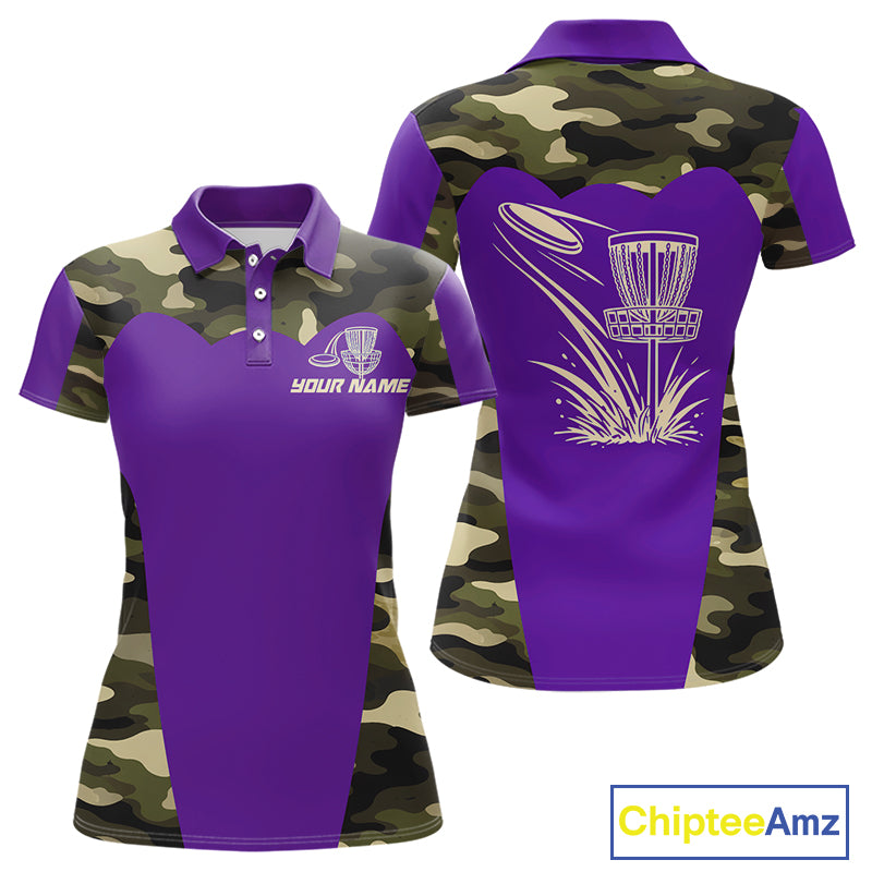 Womens Disc Golf Polo Shirt Custom Name Camo Disc Golf Basket, Personalized Disc Golf Shirts|Purple NBT643
