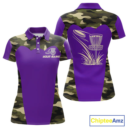 Womens Disc Golf Polo Shirt Custom Name Camo Disc Golf Basket, Personalized Disc Golf Shirts|Purple NBT643