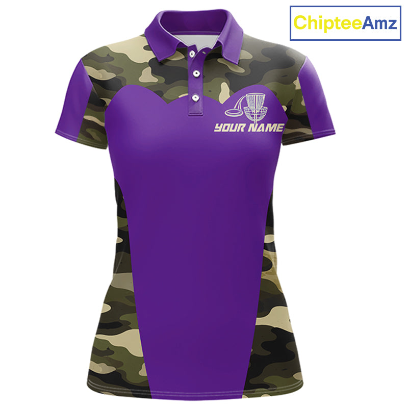 Womens Disc Golf Polo Shirt Custom Name Camo Disc Golf Basket, Personalized Disc Golf Shirts|Purple NBT643