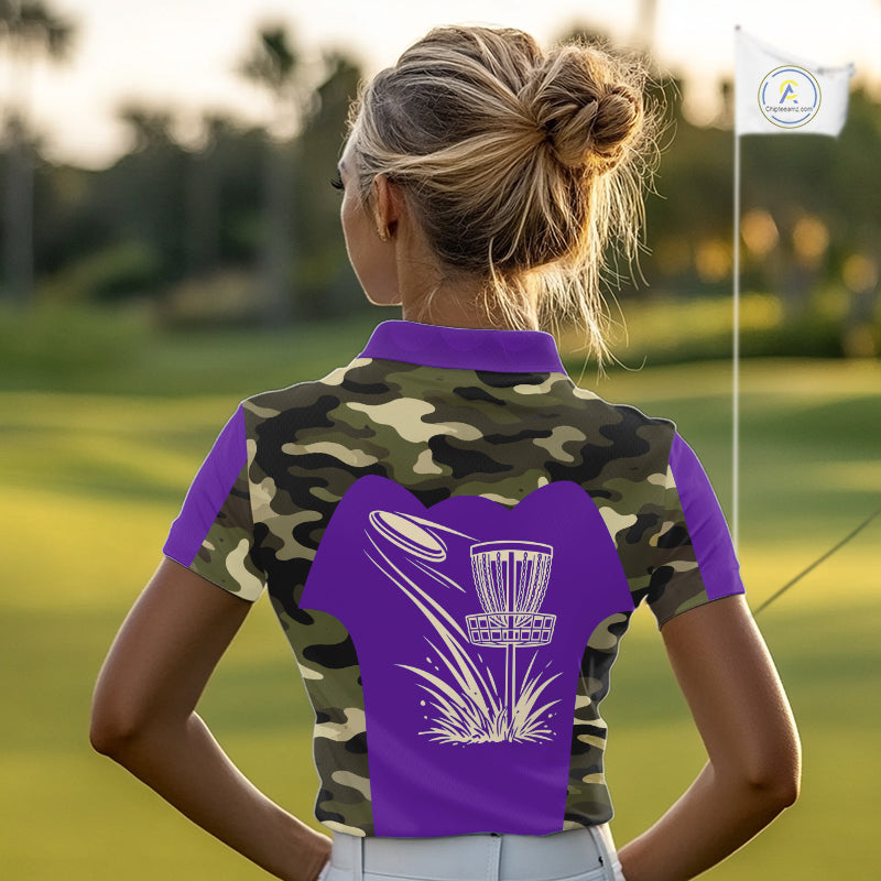 Womens Disc Golf Polo Shirt Custom Name Camo Disc Golf Basket, Personalized Disc Golf Shirts|Purple NBT643