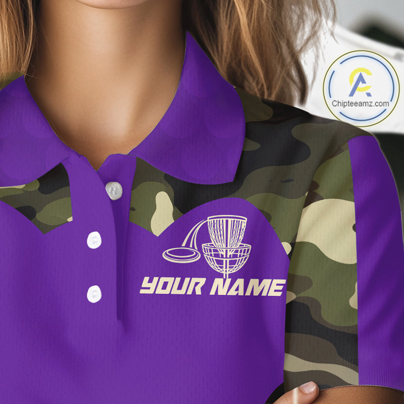 Womens Disc Golf Polo Shirt Custom Name Camo Disc Golf Basket, Personalized Disc Golf Shirts|Purple NBT643