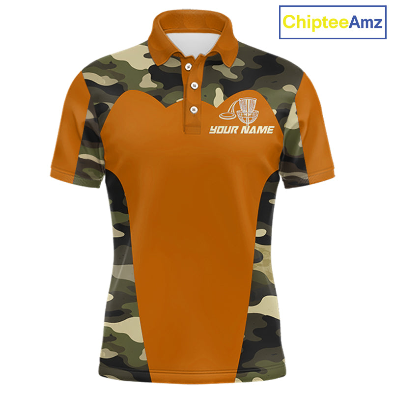 Mens Disc Golf Polo Shirt Custom Name Camo Disc Golf Basket, Personalized Disc Golf Shirts|Orange NBT644