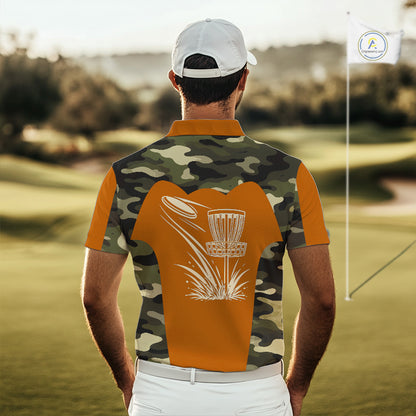 Mens Disc Golf Polo Shirt Custom Name Camo Disc Golf Basket, Personalized Disc Golf Shirts|Orange NBT644