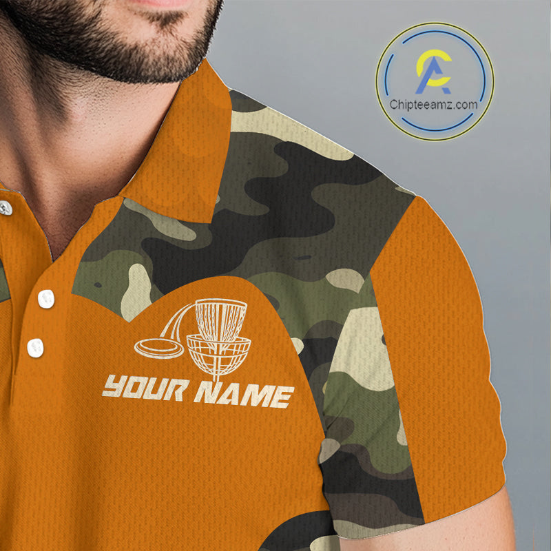 Mens Disc Golf Polo Shirt Custom Name Camo Disc Golf Basket, Personalized Disc Golf Shirts|Orange NBT644