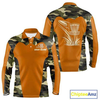 Mens Disc Golf Polo Shirt Custom Name Camo Disc Golf Basket, Personalized Disc Golf Shirts|Orange NBT644
