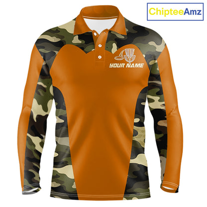 Mens Disc Golf Polo Shirt Custom Name Camo Disc Golf Basket, Personalized Disc Golf Shirts|Orange NBT644