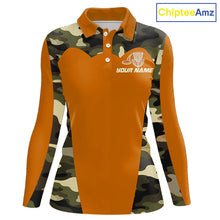 Load image into Gallery viewer, Womens Disc Golf Polo Shirt Custom Name Camo Disc Golf Basket, Personalized Disc Golf Shirts|Orange NBT644