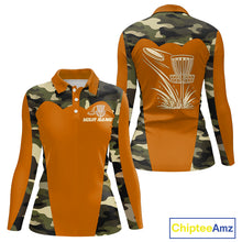 Load image into Gallery viewer, Womens Disc Golf Polo Shirt Custom Name Camo Disc Golf Basket, Personalized Disc Golf Shirts|Orange NBT644