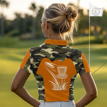 Load image into Gallery viewer, Womens Disc Golf Polo Shirt Custom Name Camo Disc Golf Basket, Personalized Disc Golf Shirts|Orange NBT644
