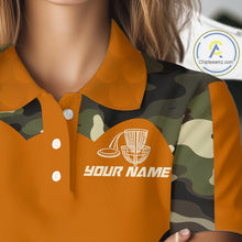 Load image into Gallery viewer, Womens Disc Golf Polo Shirt Custom Name Camo Disc Golf Basket, Personalized Disc Golf Shirts|Orange NBT644