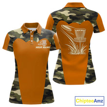 Load image into Gallery viewer, Womens Disc Golf Polo Shirt Custom Name Camo Disc Golf Basket, Personalized Disc Golf Shirts|Orange NBT644