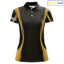 Load image into Gallery viewer, Front view Custom Skull mens golf polo shirt black gold design with custom name on sleeve