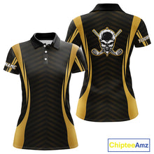 Load image into Gallery viewer, Front and back view Custom Skull mens golf polo shirt black gold design with custom name on sleeve