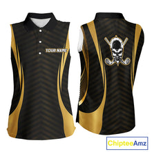 Load image into Gallery viewer, Front and back view Custom Skull womens sleeveless golf polo shirt black gold design with custom name on sleeve