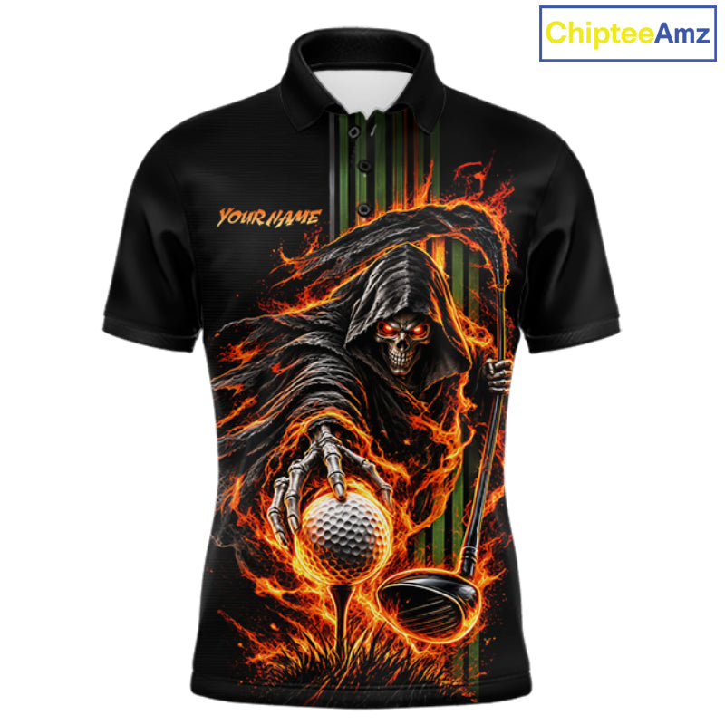 Custom Black Fire Flame Skull Reaper Custom Name Mens Golf Polo Shirt, Team Golf Shirts NBT1083