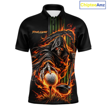Custom Black Fire Flame Skull Reaper Custom Name Men Golf Polo Shirt, Team Golf Shirts NBT1083