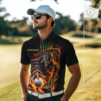 Custom Black Fire Flame Skull Reaper Custom Name Men Golf Polo Shirt, Team Golf Shirts NBT1083