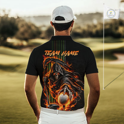 Custom Black Fire Flame Skull Reaper Custom Name Mens Golf Polo Shirt, Team Golf Shirts NBT1083