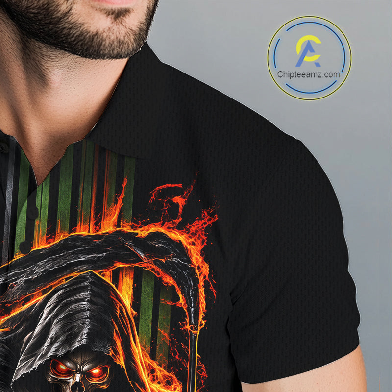 Custom Black Fire Flame Skull Reaper Custom Name Mens Golf Polo Shirt, Team Golf Shirts NBT1083