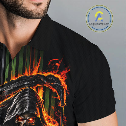 Custom Black Fire Flame Skull Reaper Custom Name Men Golf Polo Shirt, Team Golf Shirts NBT1083