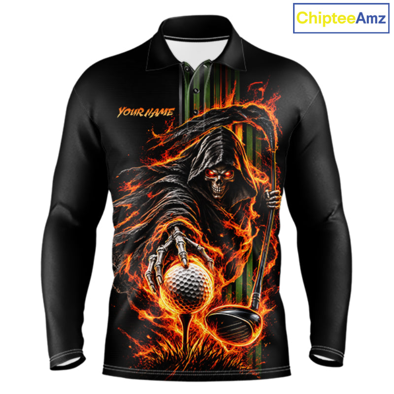 Custom Black Fire Flame Skull Reaper Custom Name Mens Golf Polo Shirt, Team Golf Shirts NBT1083