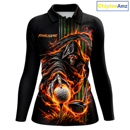 Custom Black Fire Flame Skull Reaper Custom Name Womens Golf Polo Shirt, Team Golf Shirts NBT1083