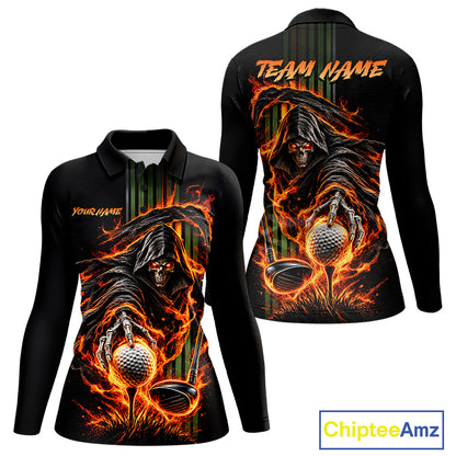 Custom Black Fire Flame Skull Reaper Custom Name Womens Golf Polo Shirt, Team Golf Shirts NBT1083