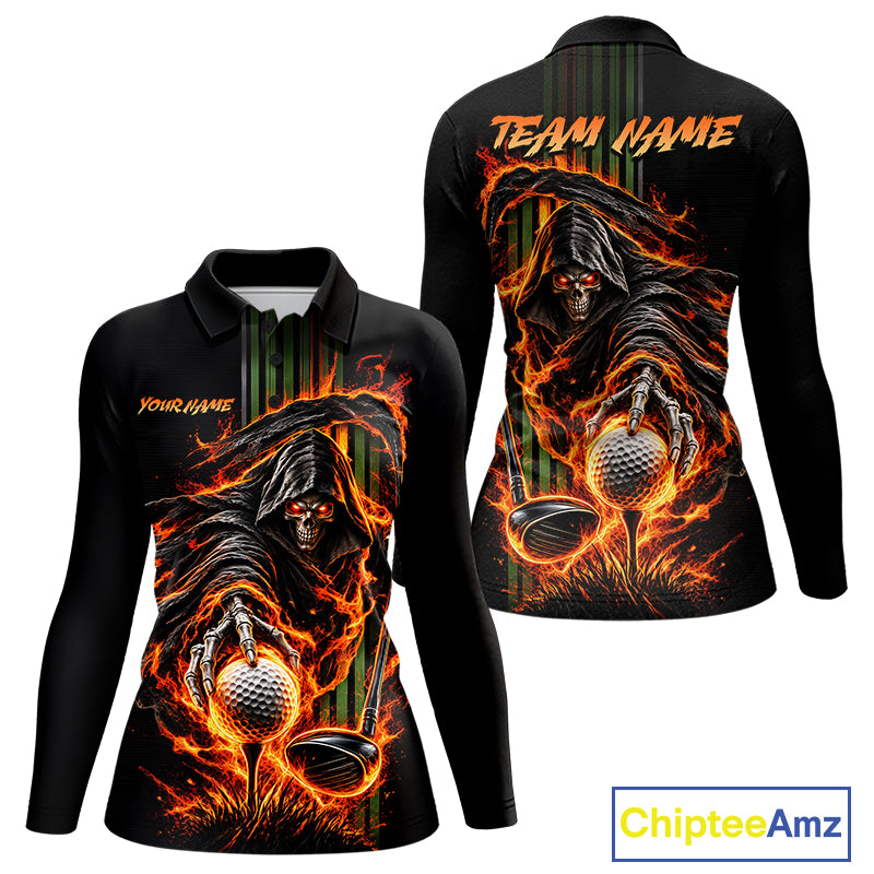 Custom Black Fire Flame Skull Reaper Custom Name Women Golf Polo Shirt, Team Golf Shirts NBT1083