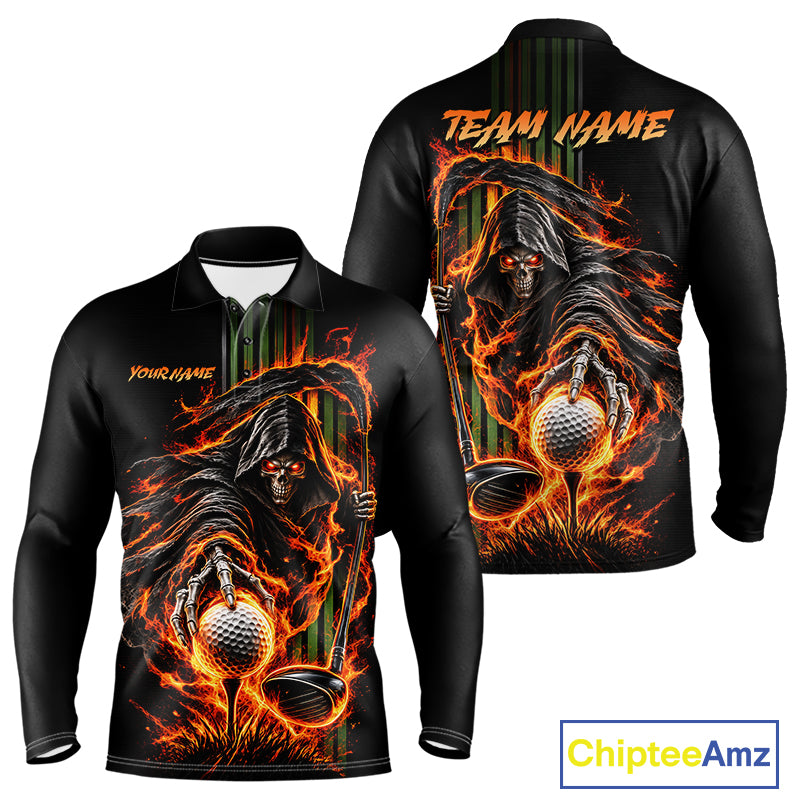 Custom Black Fire Flame Skull Reaper Custom Name Mens Golf Polo Shirt, Team Golf Shirts NBT1083