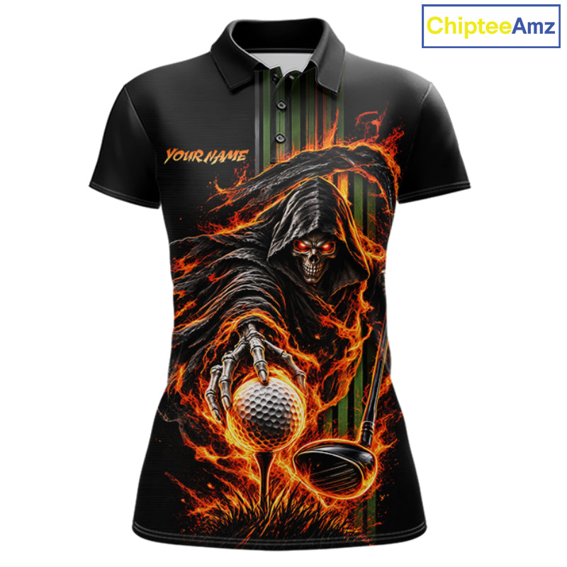 Custom Black Fire Flame Skull Reaper Custom Name Womens Golf Polo Shirt, Team Golf Shirts NBT1083
