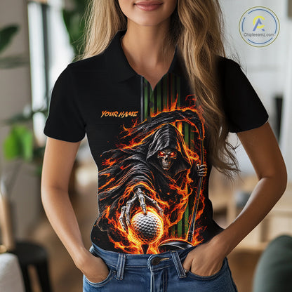 Custom Black Fire Flame Skull Reaper Custom Name Womens Golf Polo Shirt, Team Golf Shirts NBT1083