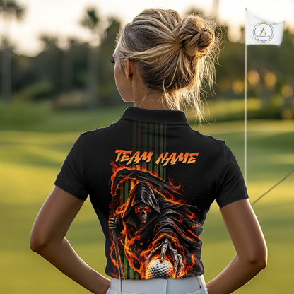 Custom Black Fire Flame Skull Reaper Custom Name Womens Golf Polo Shirt, Team Golf Shirts NBT1083