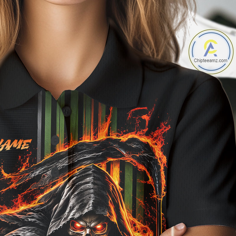 Custom Black Fire Flame Skull Reaper Custom Name Womens Golf Polo Shirt, Team Golf Shirts NBT1083