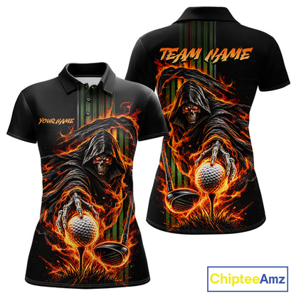 Custom Black Fire Flame Skull Reaper Custom Name Womens Golf Polo Shirt, Team Golf Shirts NBT1083