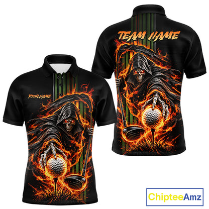 Custom Black Fire Flame Skull Reaper Custom Name Mens Golf Polo Shirt, Team Golf Shirts NBT1083