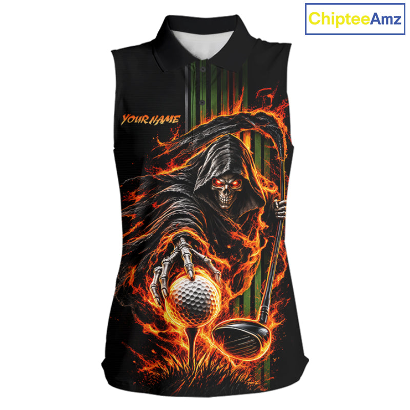 Custom Black Fire Flame Skull Reaper Custom Name Womens Sleeveless Golf Polo Shirt, Team Golf Shirts NBT1083