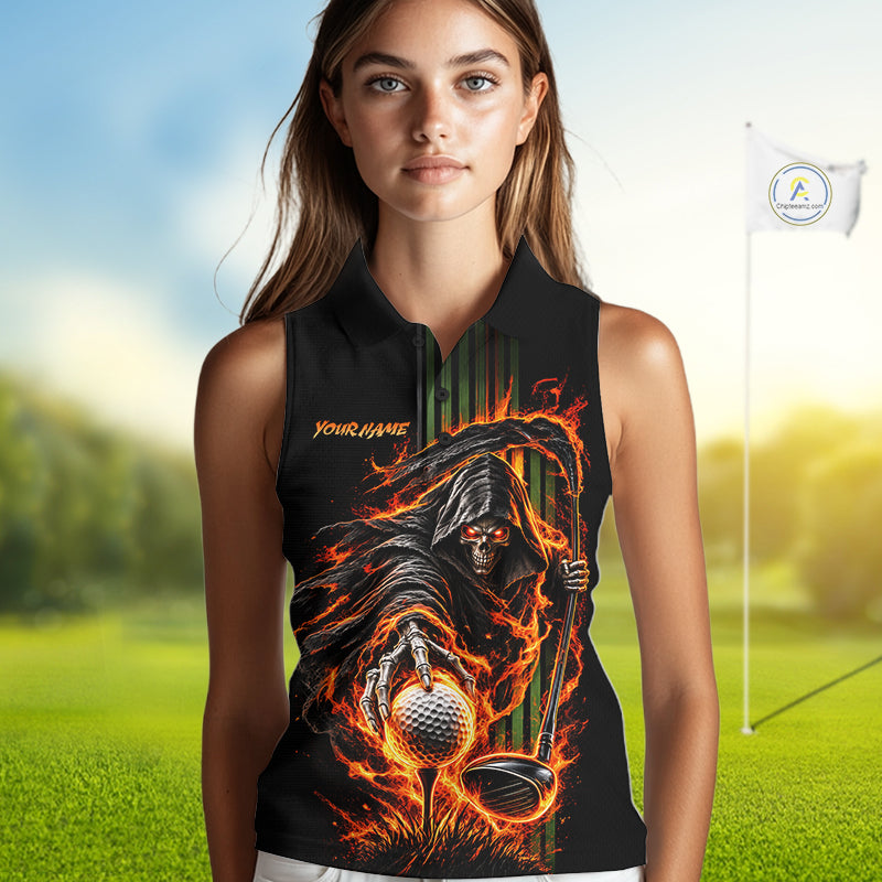 Custom Black Fire Flame Skull Reaper Custom Name Womens Sleeveless Golf Polo Shirt, Team Golf Shirts NBT1083
