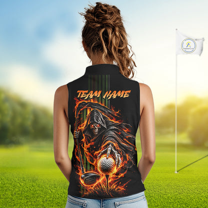 Custom Black Fire Flame Skull Reaper Custom Name Womens Sleeveless Golf Polo Shirt, Team Golf Shirts NBT1083
