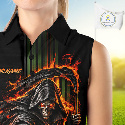 Custom Black Fire Flame Skull Reaper Custom Name Womens Sleeveless Golf Polo Shirt, Team Golf Shirts NBT1083