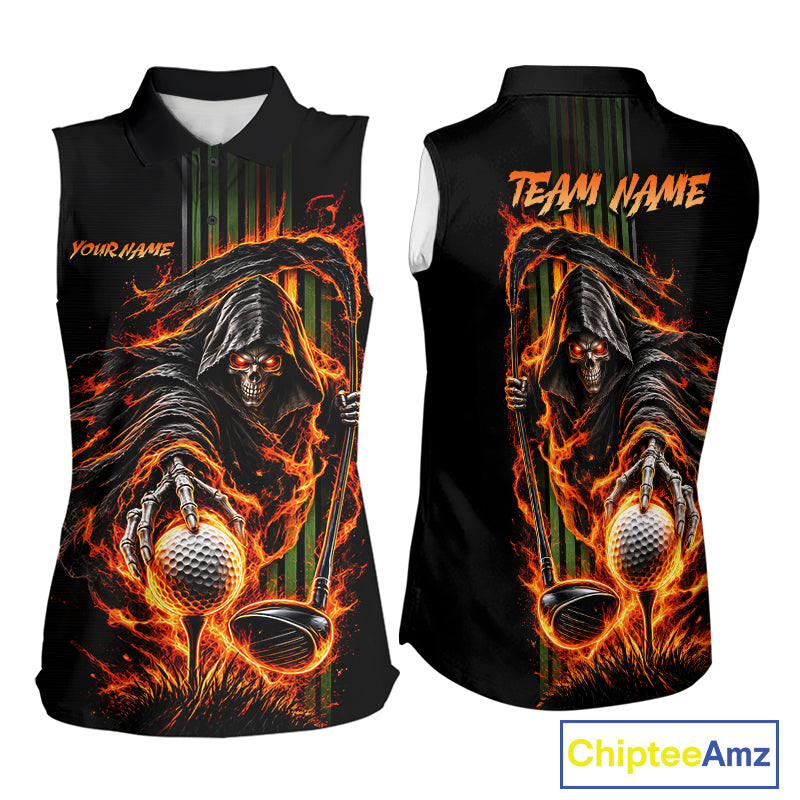 Custom Black Fire Flame Skull Reaper Custom Name Womens Sleeveless Golf Polo Shirt, Team Golf Shirts NBT1083