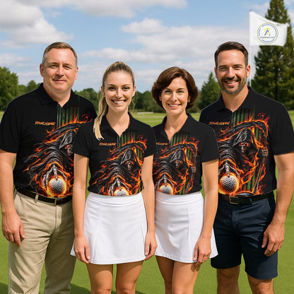 Custom Black Fire Flame Skull Reaper Custom Name Womens Golf Polo Shirt, Team Golf Shirts NBT1083