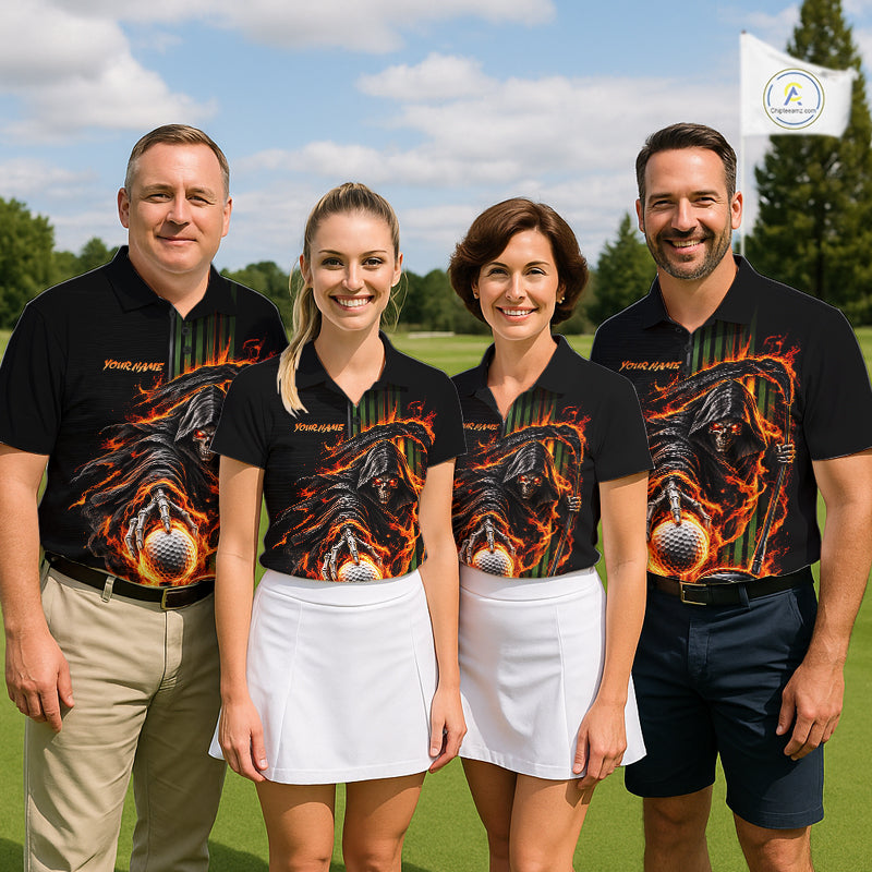 Custom Black Fire Flame Skull Reaper Custom Name Men Golf Polo Shirt, Team Golf Shirts NBT1083