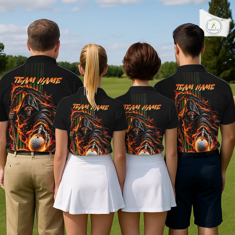 Custom Black Fire Flame Skull Reaper Custom Name Men Golf Polo Shirt, Team Golf Shirts NBT1083