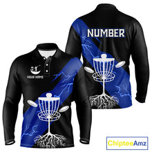 Load image into Gallery viewer, Blue Mens Disc Golf Polo Shirts Custom Thunder Lightning Team Disc Golf Jerseys, Disc Golf Gifts NBT649