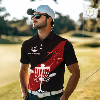 Red Mens Disc Golf Polo Shirts Custom Thunder Lightning Team Disc Golf Jerseys, Disc Golf Gifts NBT650