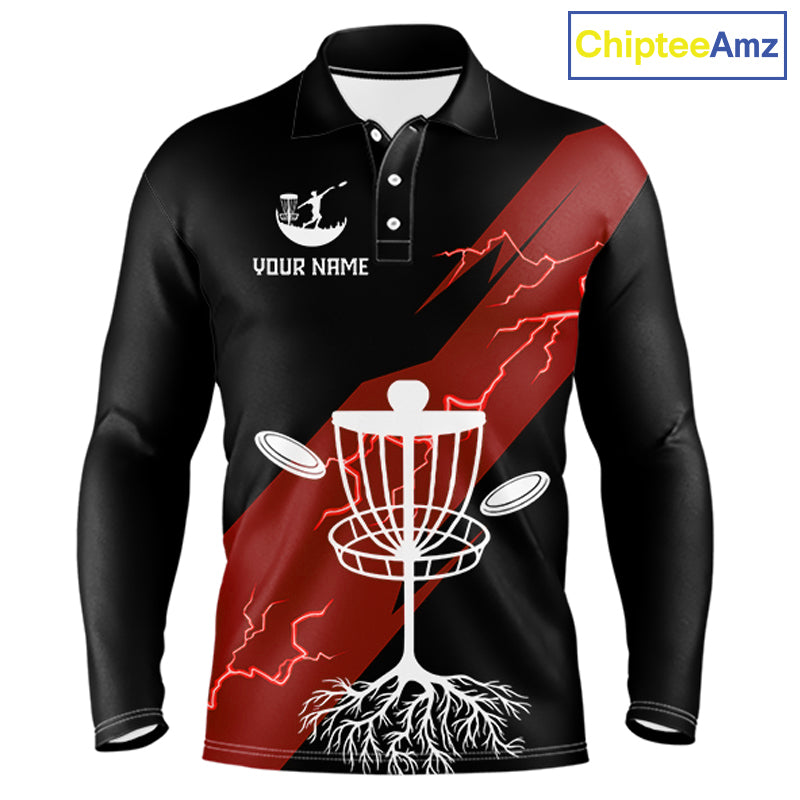 Red Mens Disc Golf Polo Shirts Custom Thunder Lightning Team Disc Golf Jerseys, Disc Golf Gifts NBT650