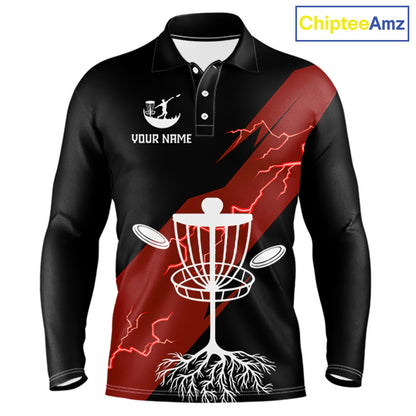 Red Mens Disc Golf Polo Shirts Custom Thunder Lightning Team Disc Golf Jerseys, Disc Golf Gifts NBT650