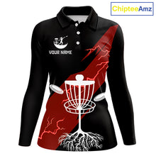 Load image into Gallery viewer, Red Womens Disc Golf Polo Shirts Custom Thunder Lightning Team Disc Golf Jerseys, Disc Golf Gifts NBT650