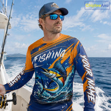 Load image into Gallery viewer, Custom Marlin Fishing Blue Orange Long Sleeve Shirts, Marlin Saltwater Fishing Jerseys NBT857