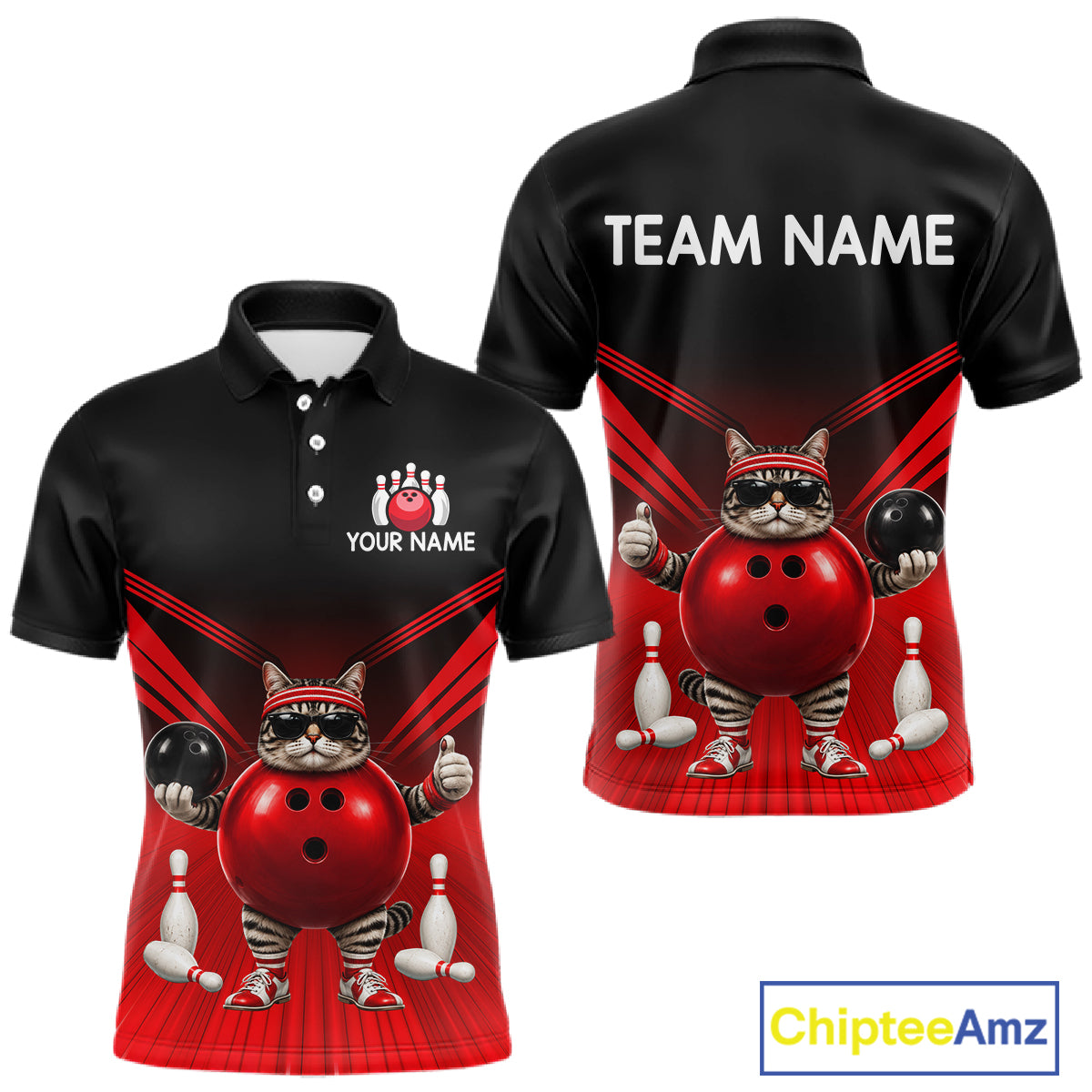 Red Cat Funny Bowling Shirt For Men, Bowling Tournament Polo & 1/4 Zip Bowling Team Shirts NBT1005